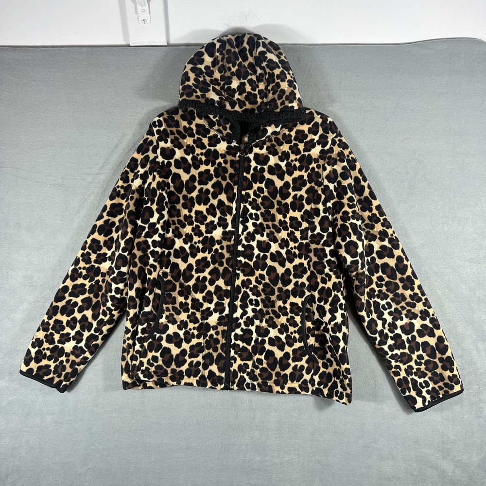 Faded Glory Women's XL (16-18) Natural Leopard Full Zip Hooded Fleece Jacket